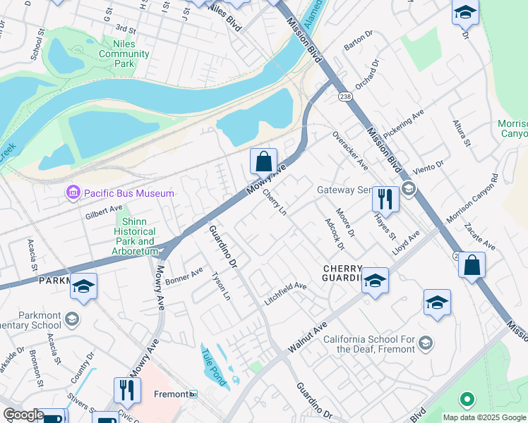 map of restaurants, bars, coffee shops, grocery stores, and more near 38623 Cherry Lane in Fremont