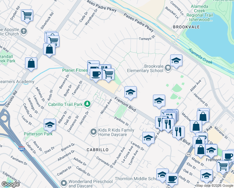 map of restaurants, bars, coffee shops, grocery stores, and more near 36000 Fremont Boulevard in Fremont