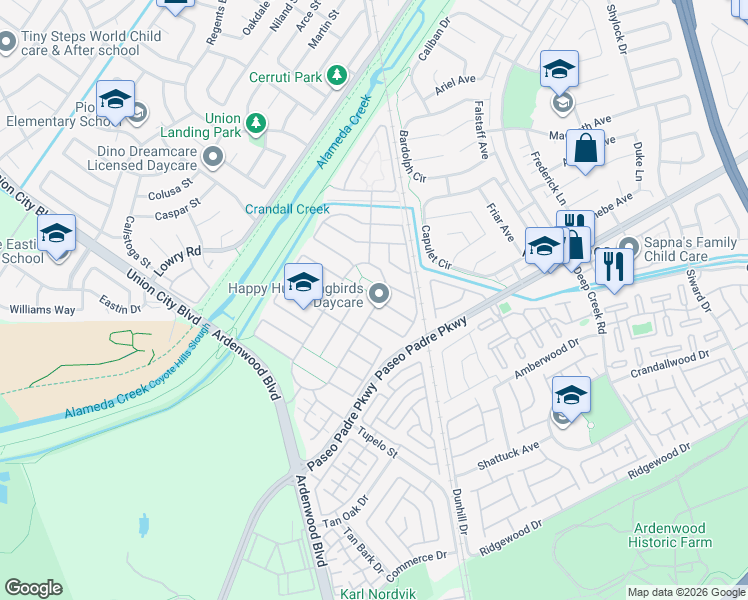 map of restaurants, bars, coffee shops, grocery stores, and more near 5317 Rancho Del Sur Drive in Fremont