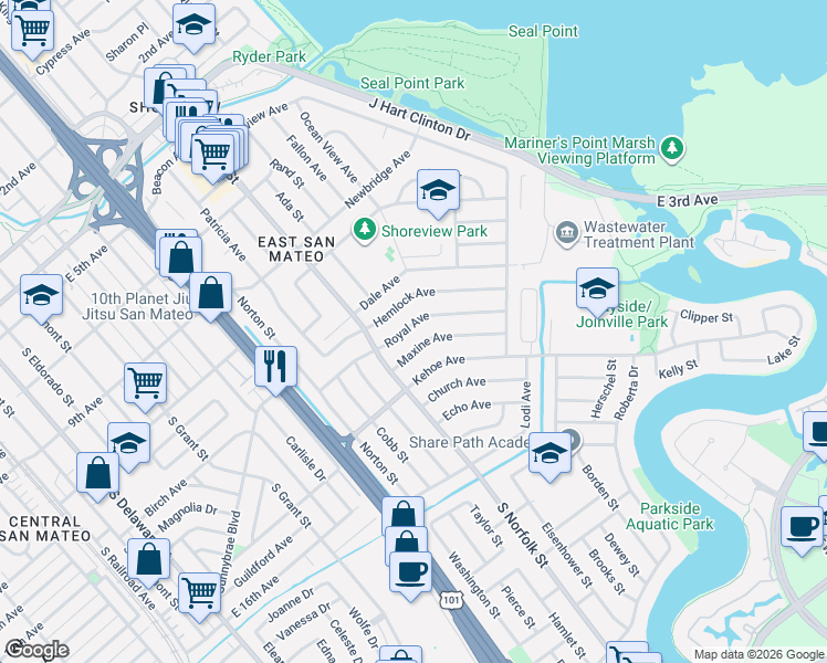 map of restaurants, bars, coffee shops, grocery stores, and more near 1532 Royal Avenue in San Mateo