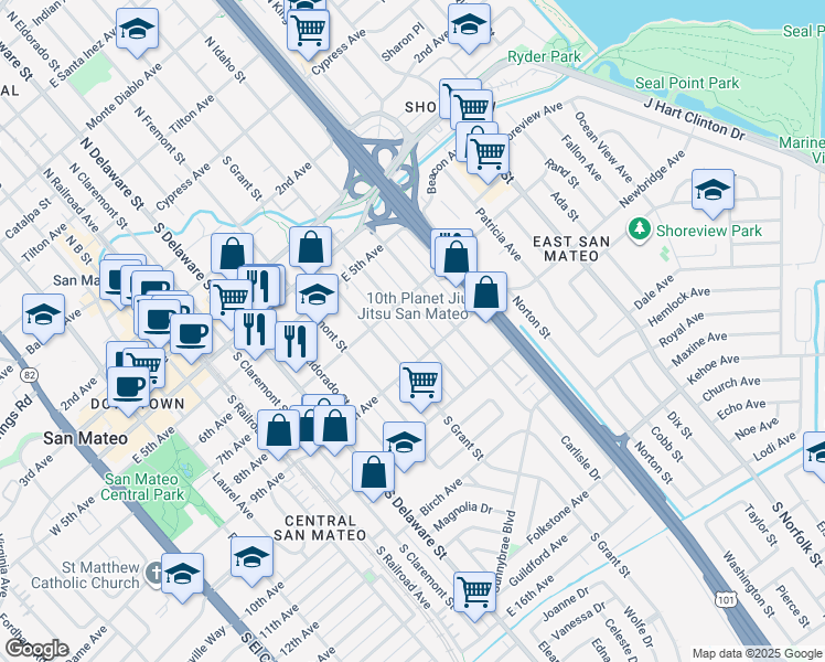 map of restaurants, bars, coffee shops, grocery stores, and more near 804 South Humboldt Street in San Mateo