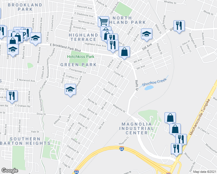 map of restaurants, bars, coffee shops, grocery stores, and more near 2701 3rd Avenue in Richmond