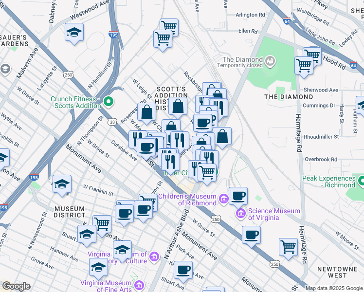 map of restaurants, bars, coffee shops, grocery stores, and more near 3000 West Clay Street in Richmond