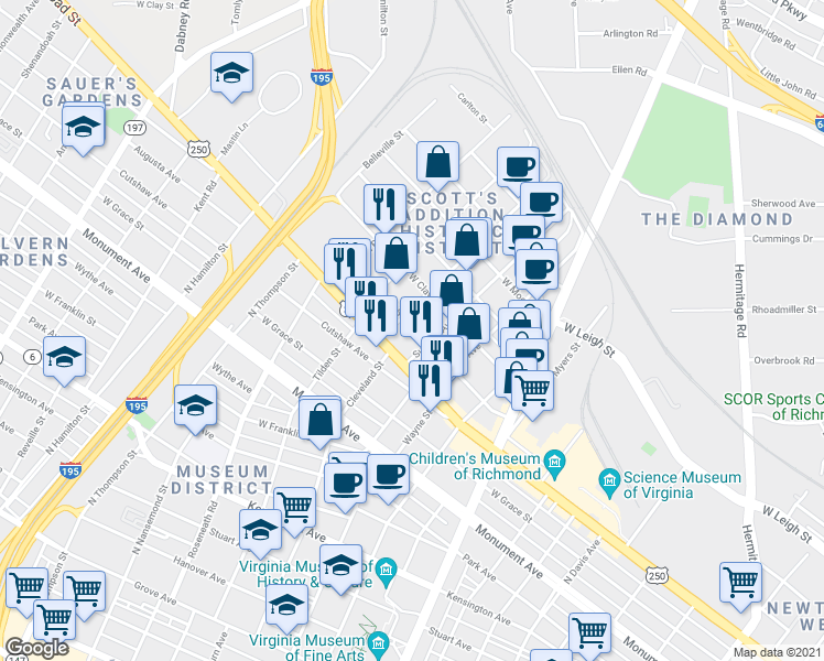 map of restaurants, bars, coffee shops, grocery stores, and more near 3105 West Marshall Street in Richmond