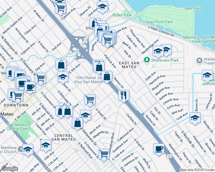 map of restaurants, bars, coffee shops, grocery stores, and more near 940 South Amphlett Boulevard in San Mateo