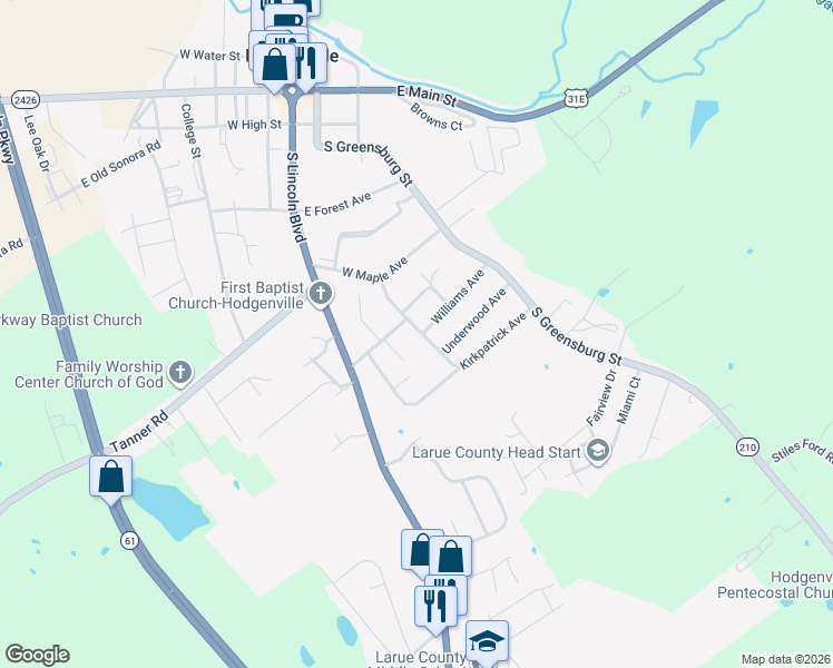 map of restaurants, bars, coffee shops, grocery stores, and more near 517 Kirkpatrick Avenue in Hodgenville