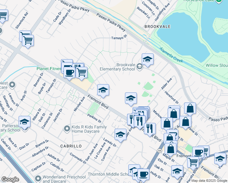 map of restaurants, bars, coffee shops, grocery stores, and more near 36092 Blair Place in Fremont