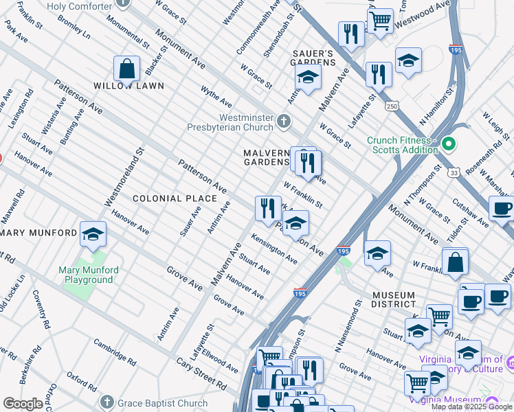 map of restaurants, bars, coffee shops, grocery stores, and more near 4100 Patterson Avenue in Richmond