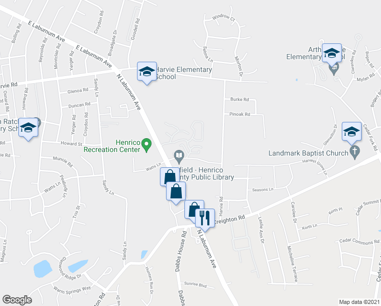 map of restaurants, bars, coffee shops, grocery stores, and more near 3600 Queen Mary Court in Richmond