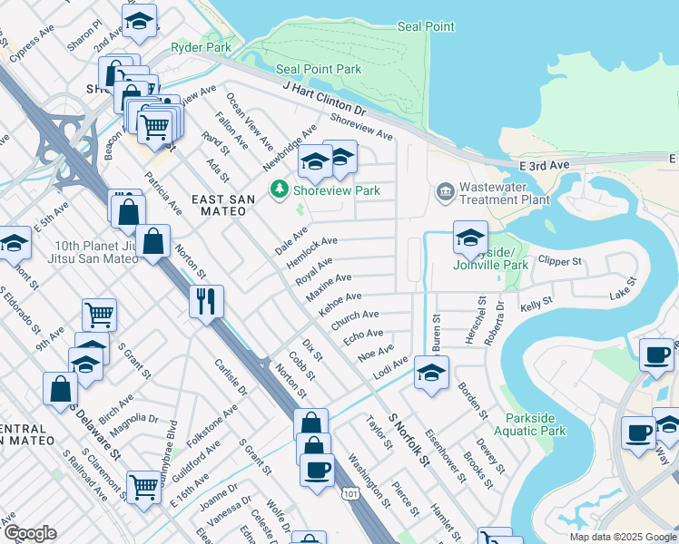 map of restaurants, bars, coffee shops, grocery stores, and more near 1633 Maxine Avenue in San Mateo