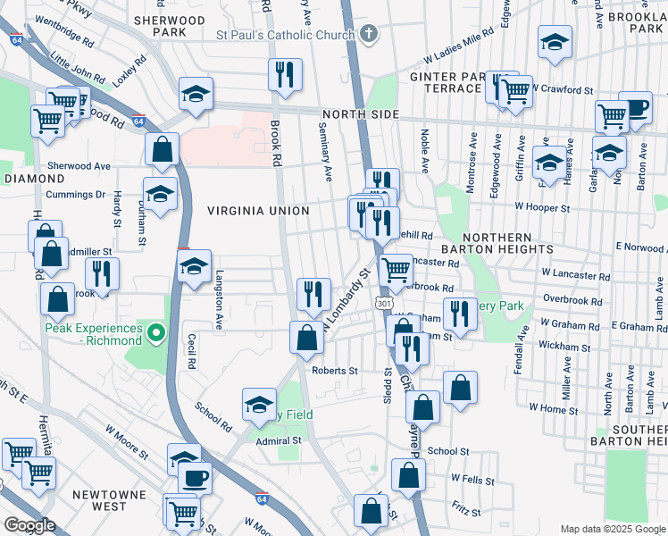 map of restaurants, bars, coffee shops, grocery stores, and more near 2512 Seminary Avenue in Richmond