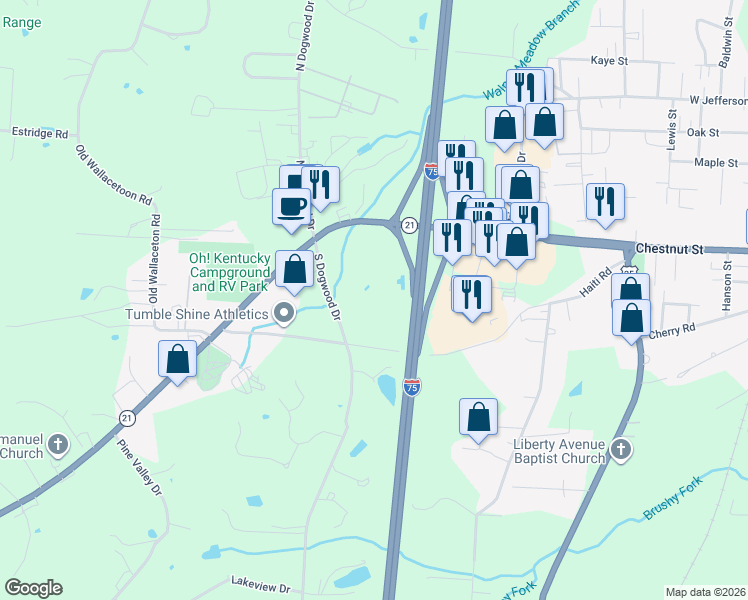 map of restaurants, bars, coffee shops, grocery stores, and more near 261 Paint Lick Road in Berea