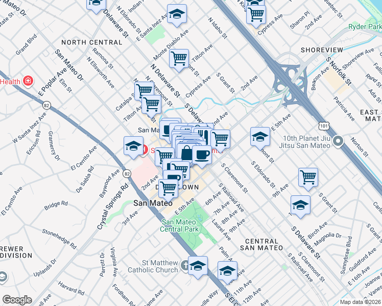 map of restaurants, bars, coffee shops, grocery stores, and more near 320 2nd Avenue in San Mateo