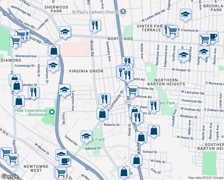 map of restaurants, bars, coffee shops, grocery stores, and more near 2512 Seminary Avenue in Richmond