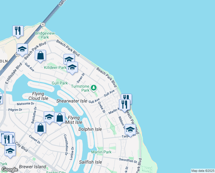 map of restaurants, bars, coffee shops, grocery stores, and more near 888 Sea Island Lane in Foster City