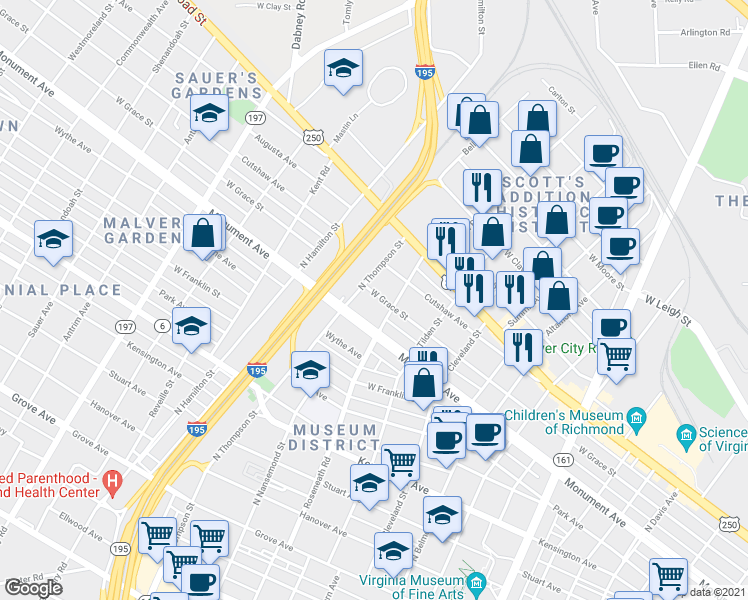 map of restaurants, bars, coffee shops, grocery stores, and more near 3415 West Grace Street in Richmond