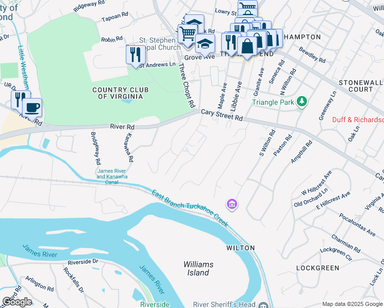 map of restaurants, bars, coffee shops, grocery stores, and more near 20 Blandwood Road in Richmond