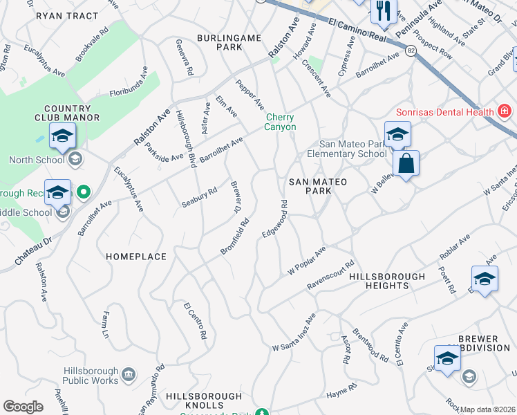 map of restaurants, bars, coffee shops, grocery stores, and more near 747 Bromfield Road in Hillsborough