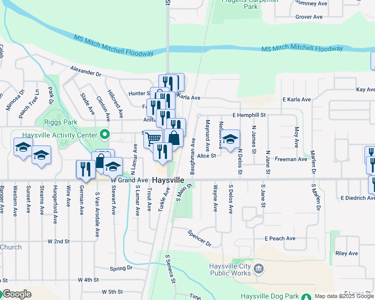 map of restaurants, bars, coffee shops, grocery stores, and more near 206 Alice St in Haysville