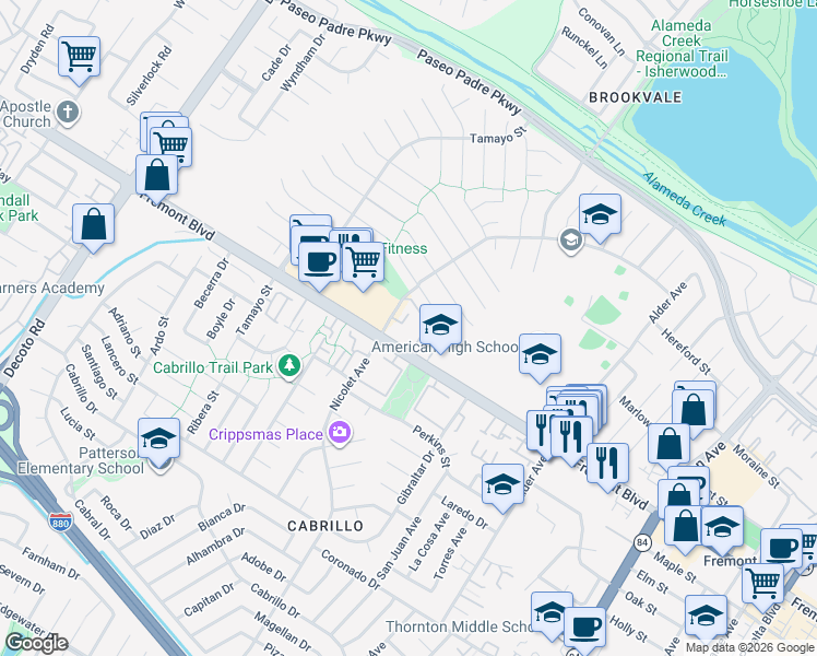 map of restaurants, bars, coffee shops, grocery stores, and more near 36000 Fremont Boulevard in Fremont