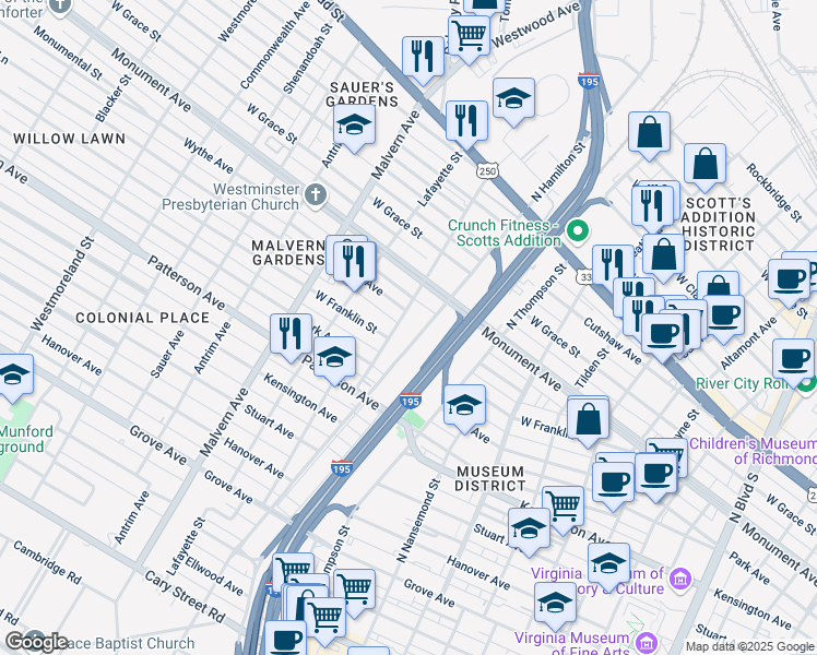 map of restaurants, bars, coffee shops, grocery stores, and more near 920 N Hamilton St in Richmond
