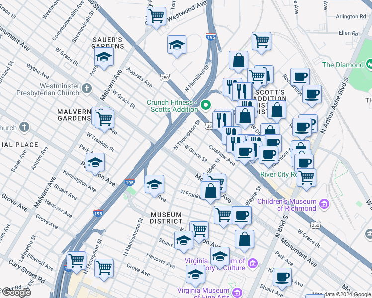 map of restaurants, bars, coffee shops, grocery stores, and more near 3415 West Grace Street in Richmond