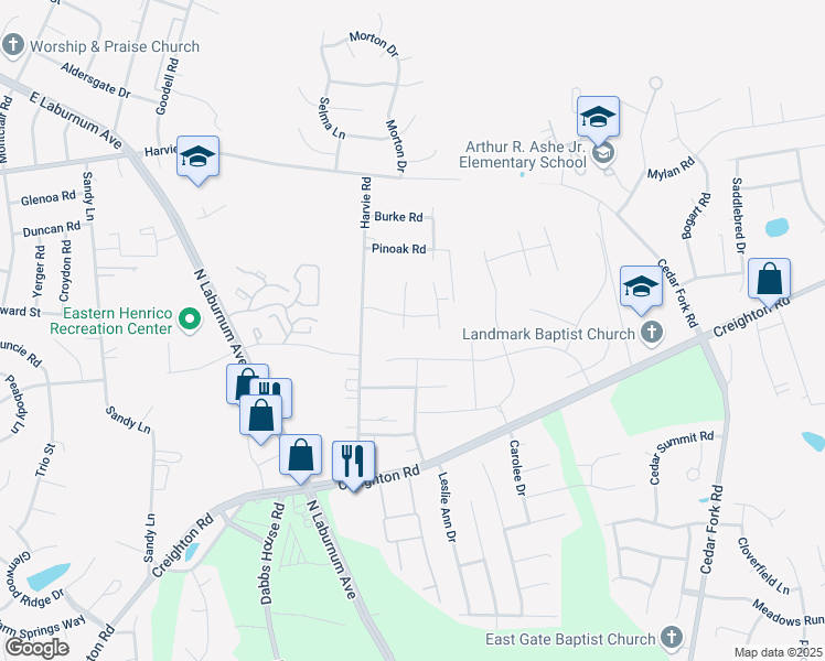 map of restaurants, bars, coffee shops, grocery stores, and more near 3829 Purple Haze Court in Richmond