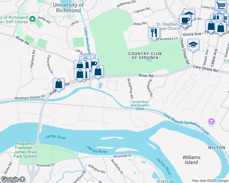 map of restaurants, bars, coffee shops, grocery stores, and more near 6161 River Road in Richmond