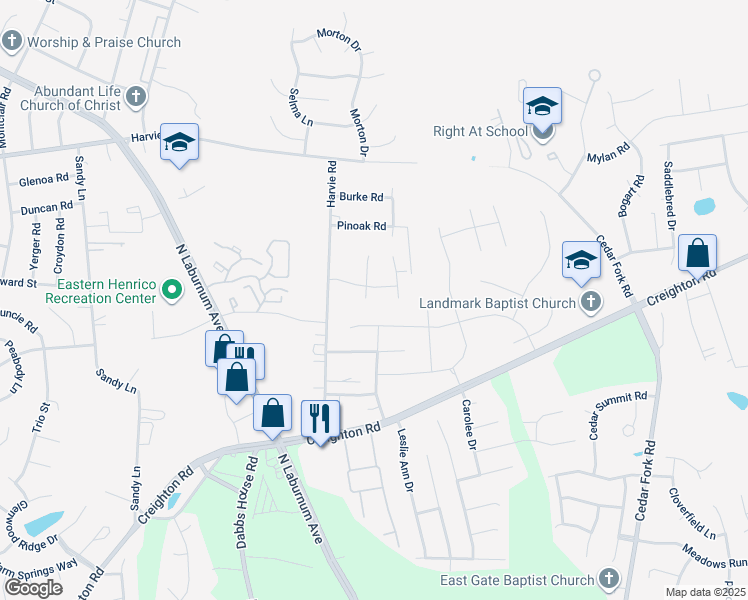 map of restaurants, bars, coffee shops, grocery stores, and more near 3829 Purple Haze Court in Richmond