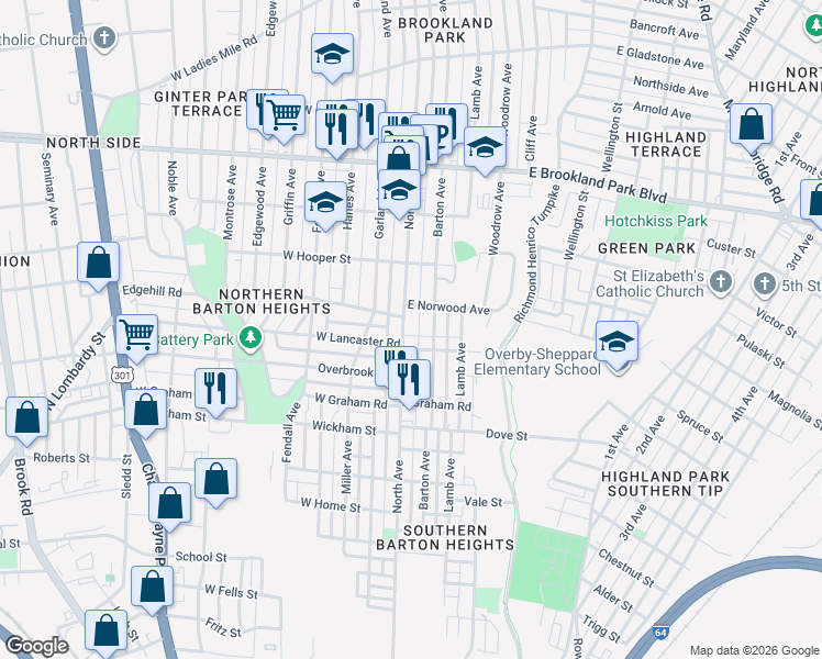 map of restaurants, bars, coffee shops, grocery stores, and more near 2603 North Avenue in Richmond