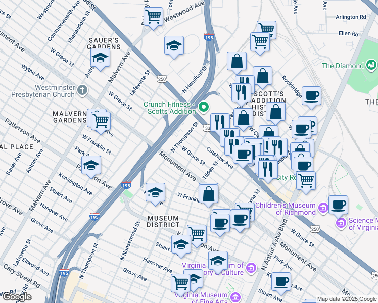 map of restaurants, bars, coffee shops, grocery stores, and more near 3328 West Grace Street in Richmond