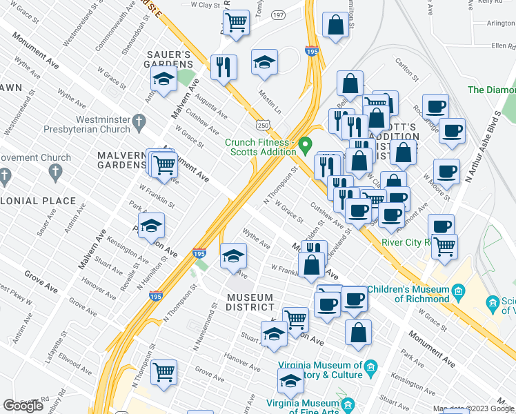 map of restaurants, bars, coffee shops, grocery stores, and more near 3601 Monument Avenue in Richmond