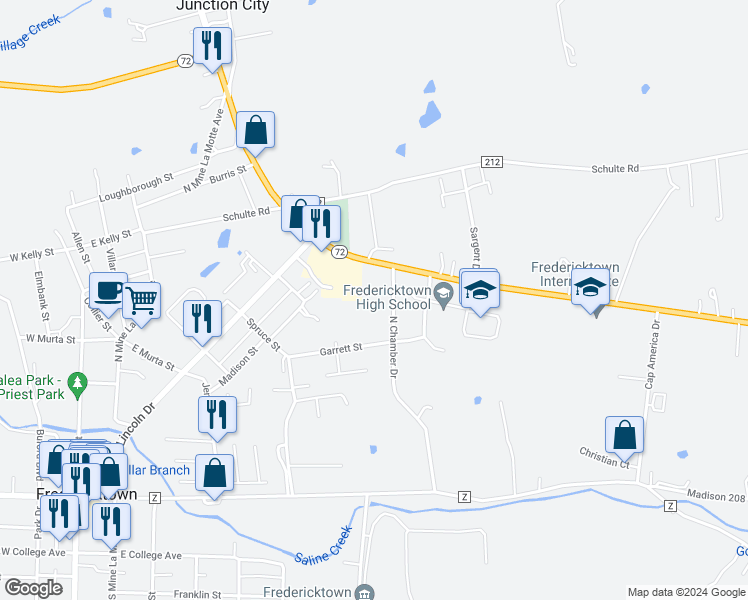 map of restaurants, bars, coffee shops, grocery stores, and more near 416 North Chamber Drive in Fredericktown