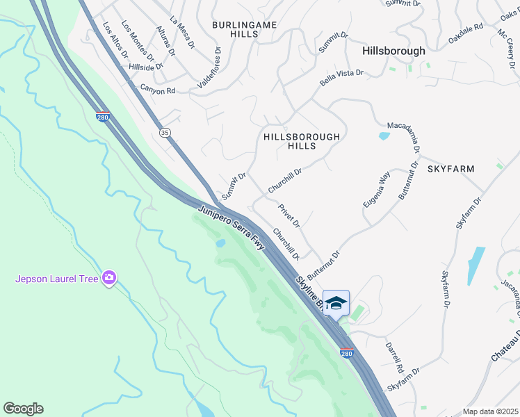 map of restaurants, bars, coffee shops, grocery stores, and more near 2929 Churchill Drive in Hillsborough