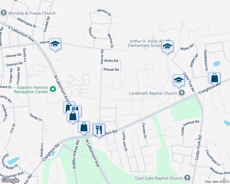 map of restaurants, bars, coffee shops, grocery stores, and more near 3829 Purple Haze Court in Richmond