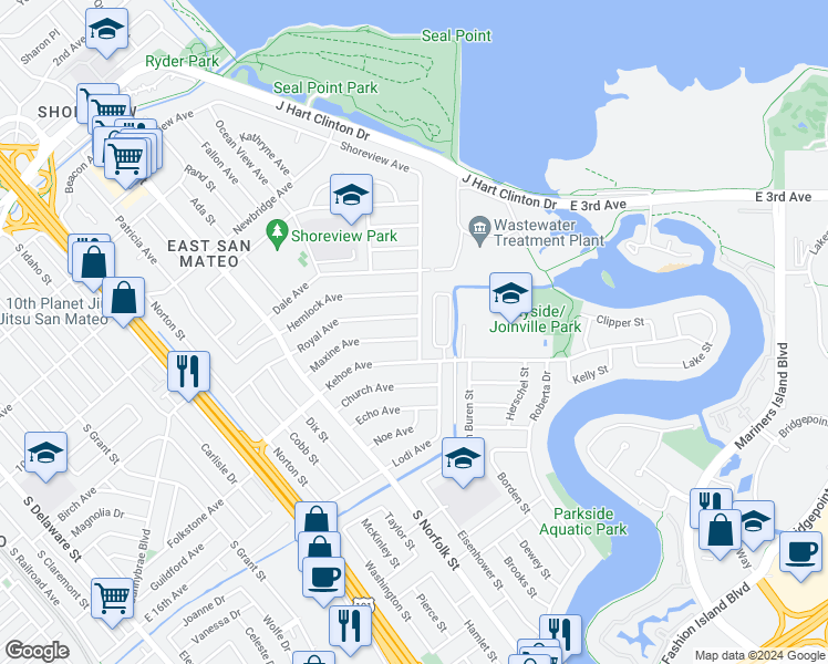 map of restaurants, bars, coffee shops, grocery stores, and more near 1855 Maxine Avenue in San Mateo