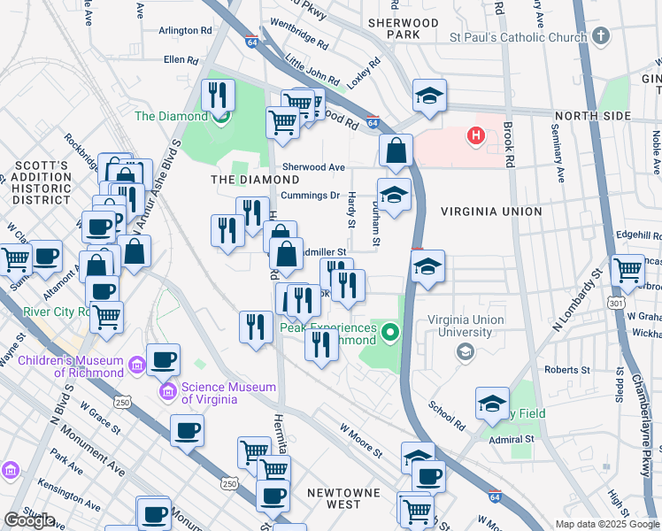 map of restaurants, bars, coffee shops, grocery stores, and more near 1650 Overbrook Rd in Richmond