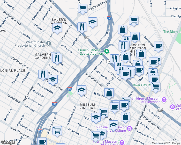 map of restaurants, bars, coffee shops, grocery stores, and more near 3601 Monument Avenue in Richmond
