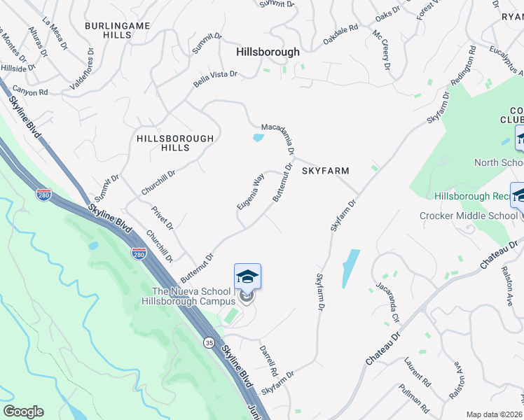 map of restaurants, bars, coffee shops, grocery stores, and more near 2476 Butternut Drive in Hillsborough