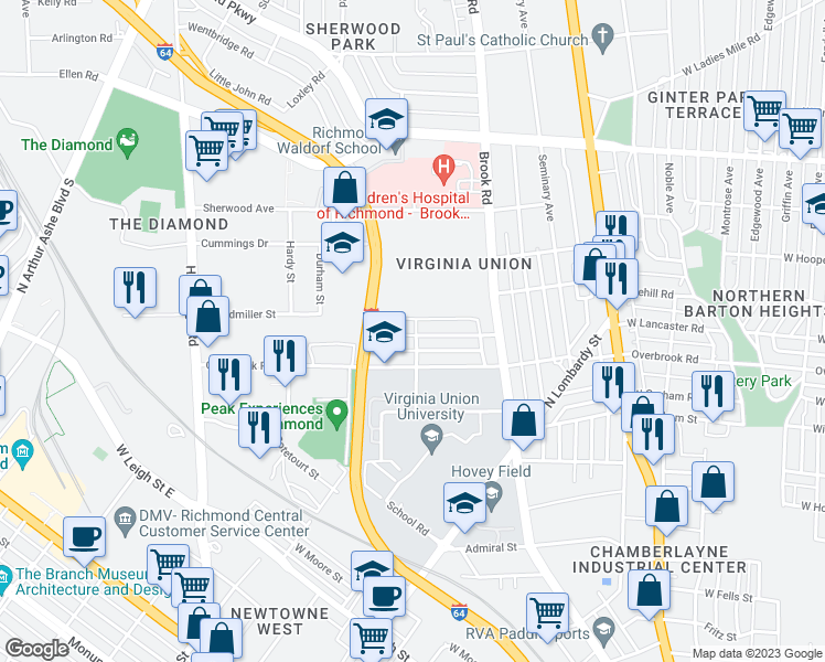 map of restaurants, bars, coffee shops, grocery stores, and more near 1303 Dubois Avenue in Richmond