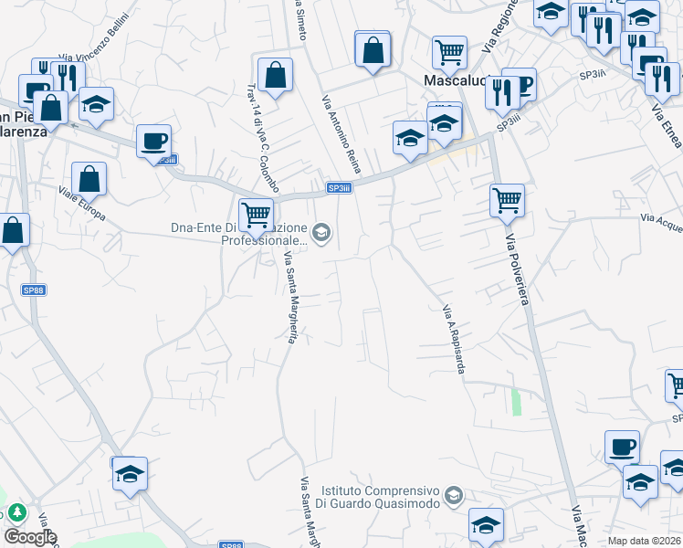 map of restaurants, bars, coffee shops, grocery stores, and more near 24 Via Indipendenza in Mascalucia