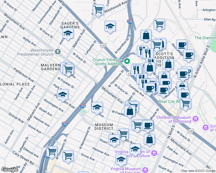 map of restaurants, bars, coffee shops, grocery stores, and more near 3600 Monument Avenue in Richmond