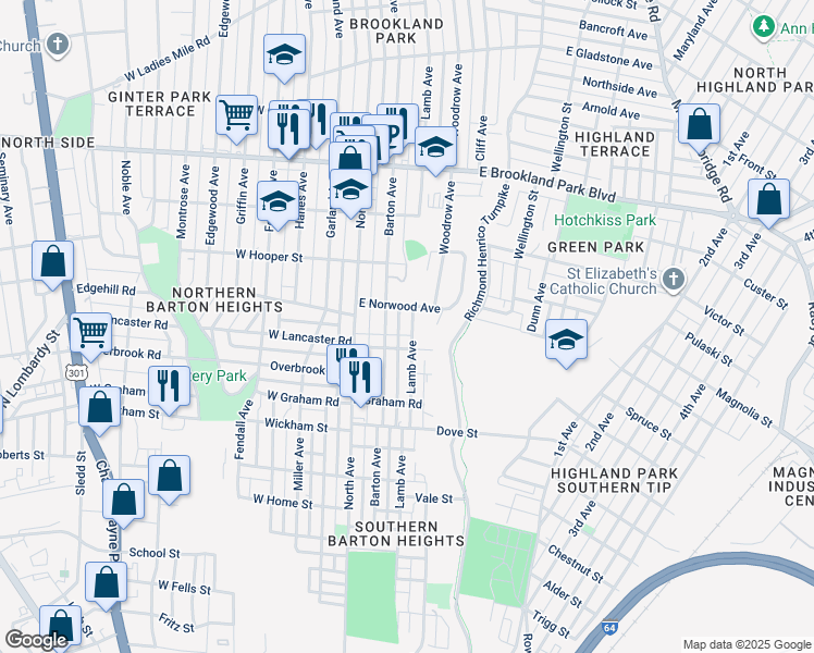 map of restaurants, bars, coffee shops, grocery stores, and more near 2610 Lamb Avenue in Richmond