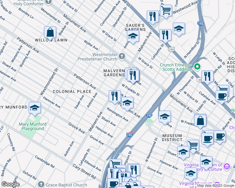 map of restaurants, bars, coffee shops, grocery stores, and more near 4011 Park Avenue in Richmond