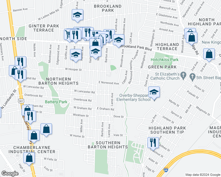 map of restaurants, bars, coffee shops, grocery stores, and more near 2610 Lamb Avenue in Richmond