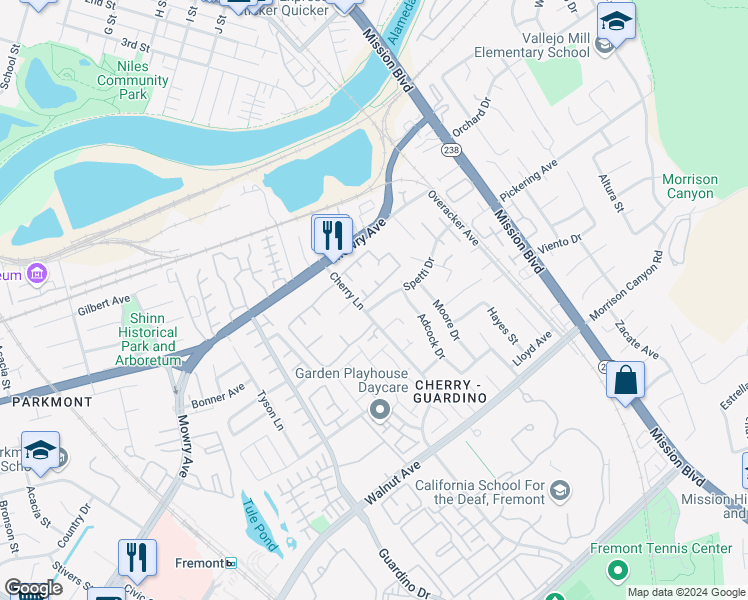 map of restaurants, bars, coffee shops, grocery stores, and more near 465 Spetti Drive in Fremont
