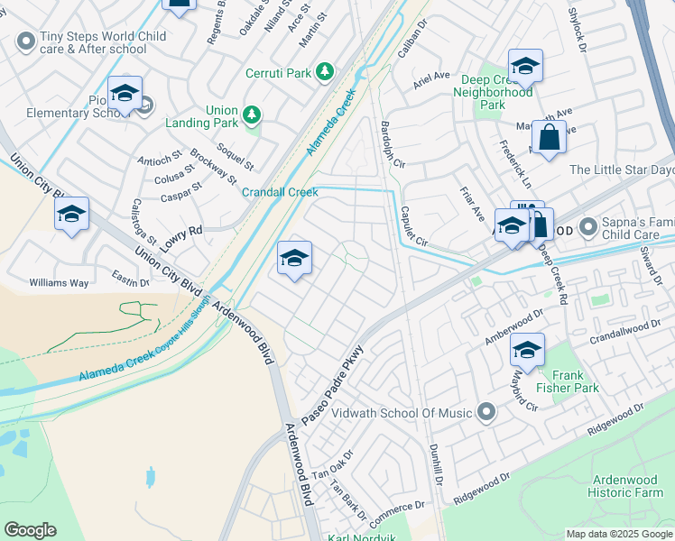 map of restaurants, bars, coffee shops, grocery stores, and more near 5229 Wrangler Court in Fremont