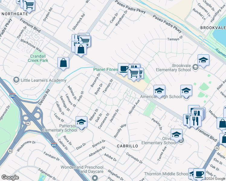 map of restaurants, bars, coffee shops, grocery stores, and more near 35635 Stowe Common in Fremont