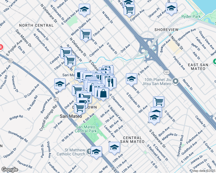 map of restaurants, bars, coffee shops, grocery stores, and more near 314 South Claremont Street in San Mateo
