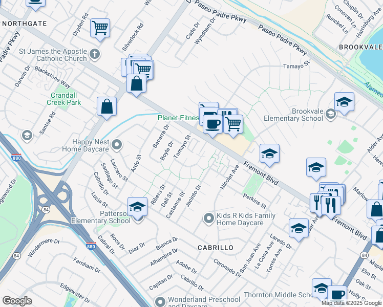 map of restaurants, bars, coffee shops, grocery stores, and more near 35635 Stowe Common in Fremont